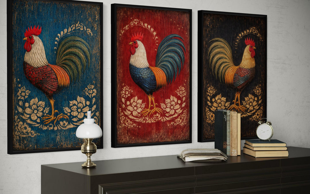 Three-panel canvas print set featuring rustic roosters on blue, red, and black backgrounds.