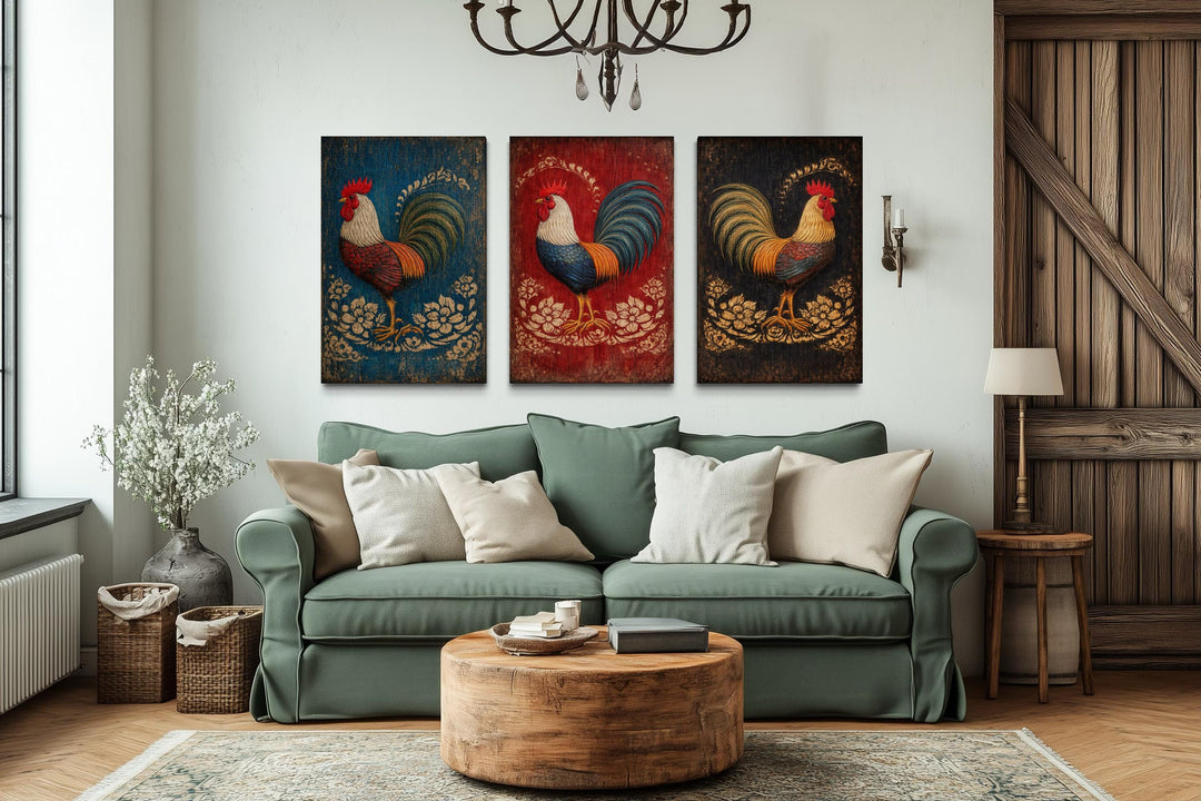 Three-panel rustic rooster canvas prints in red, blue, and black over a green farmhouse sofa.