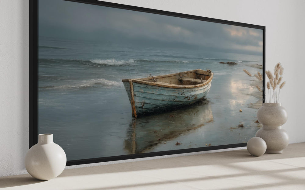 Rustic Rowboat On Beach Coastal Framed Canvas Wall Art