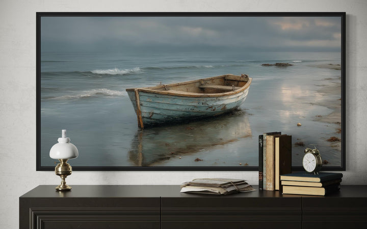 Rustic Rowboat On Beach Coastal Framed Canvas Wall Art