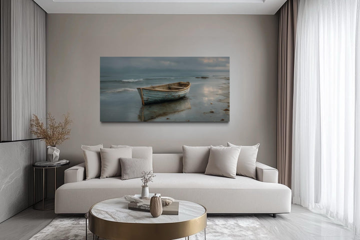 Rustic Rowboat On Beach Coastal Framed Canvas Wall Art