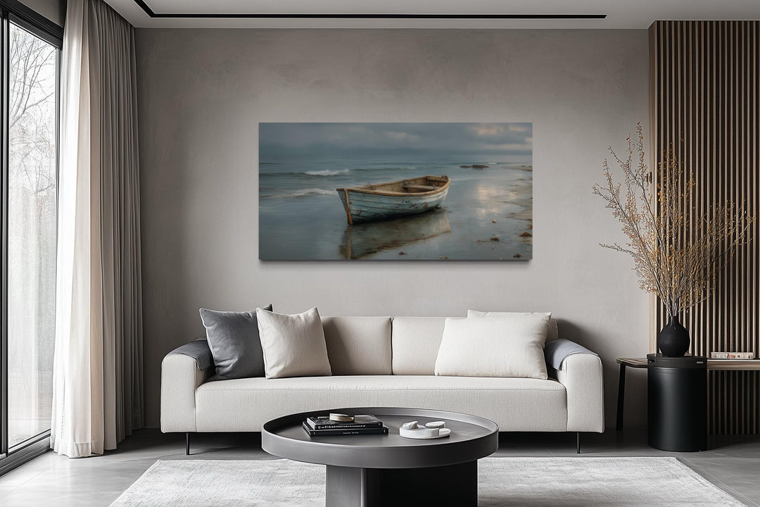 Rustic Rowboat On Beach Coastal Framed Canvas Wall Art