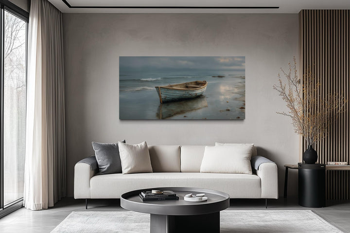 Rustic Rowboat On Beach Coastal Framed Canvas Wall Art