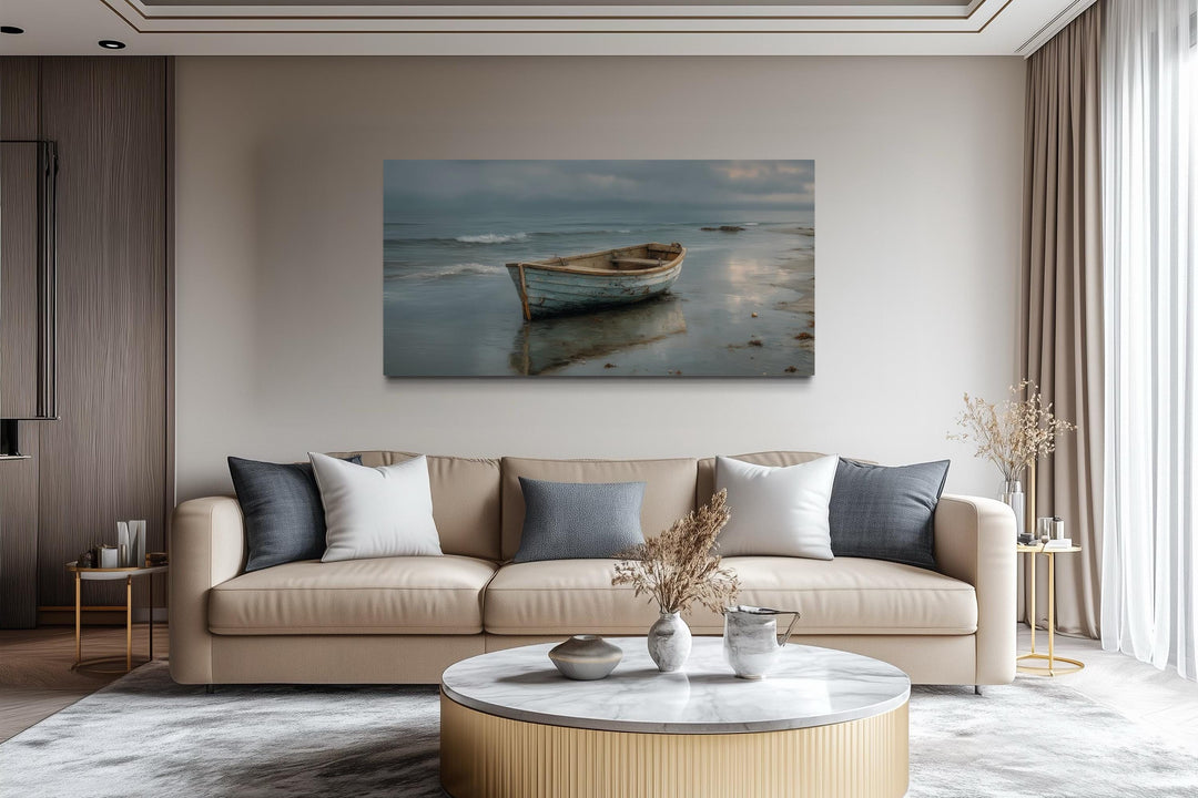 Rustic Rowboat On Beach Coastal Framed Canvas Wall Art