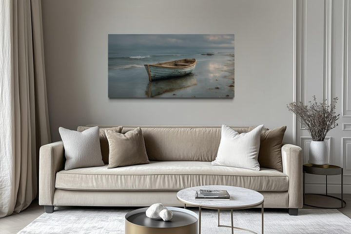 Rustic Rowboat On Beach Coastal Framed Canvas Wall Art