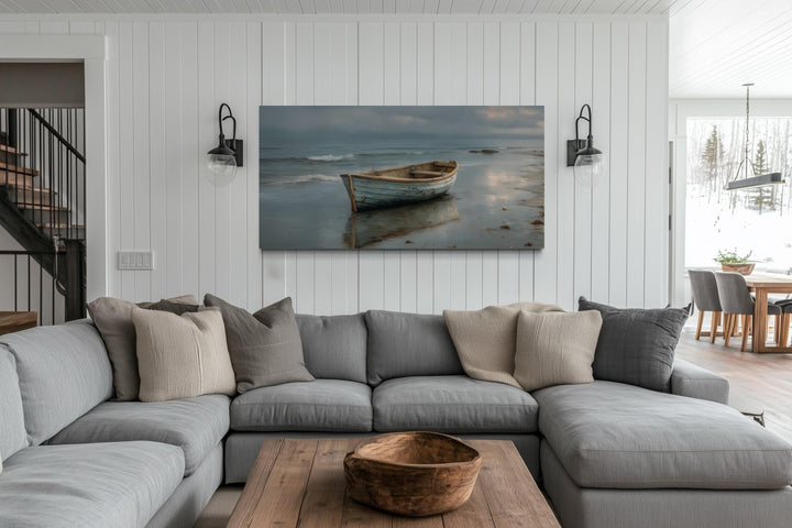 Rustic Rowboat On Beach Coastal Framed Canvas Wall Art