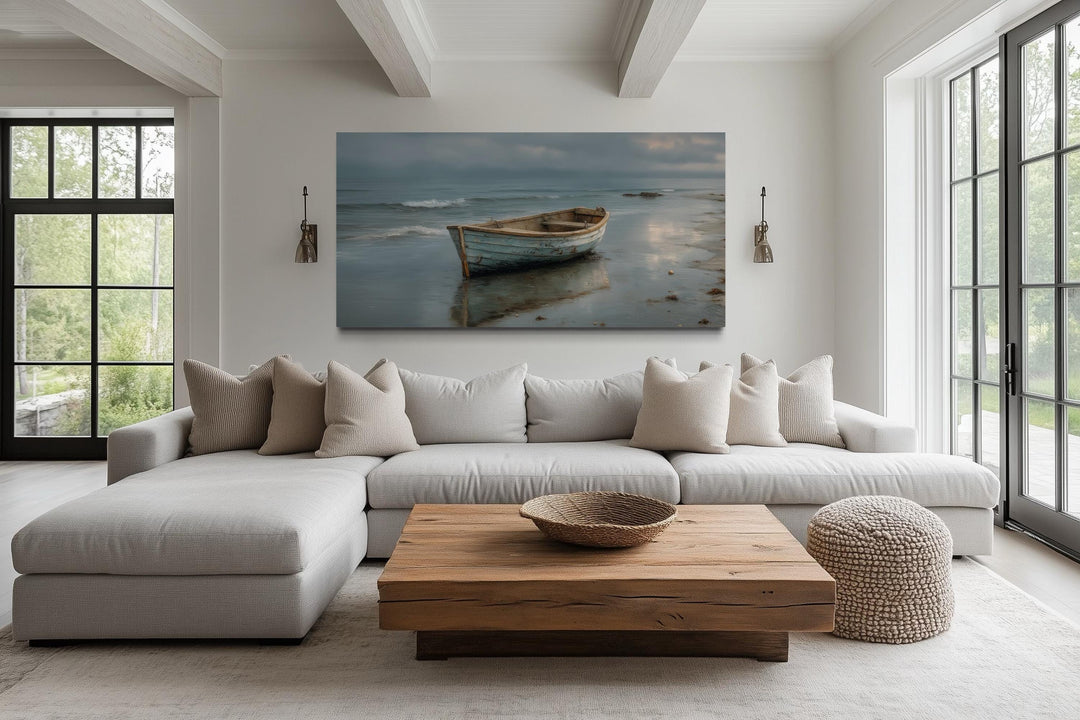 Rustic Rowboat On Beach Coastal Framed Canvas Wall Art