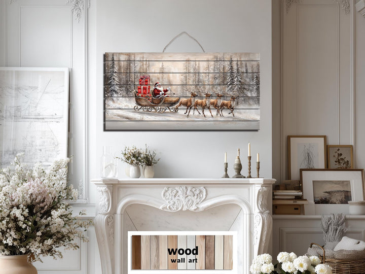 Rustic Santa Sleigh Ride Distressed Wood Wall Art