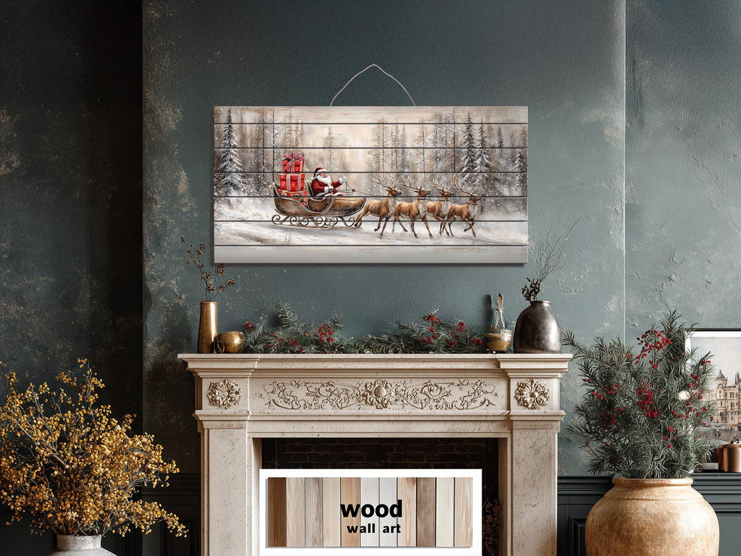 Rustic Santa Sleigh Ride Distressed Wood Wall Art