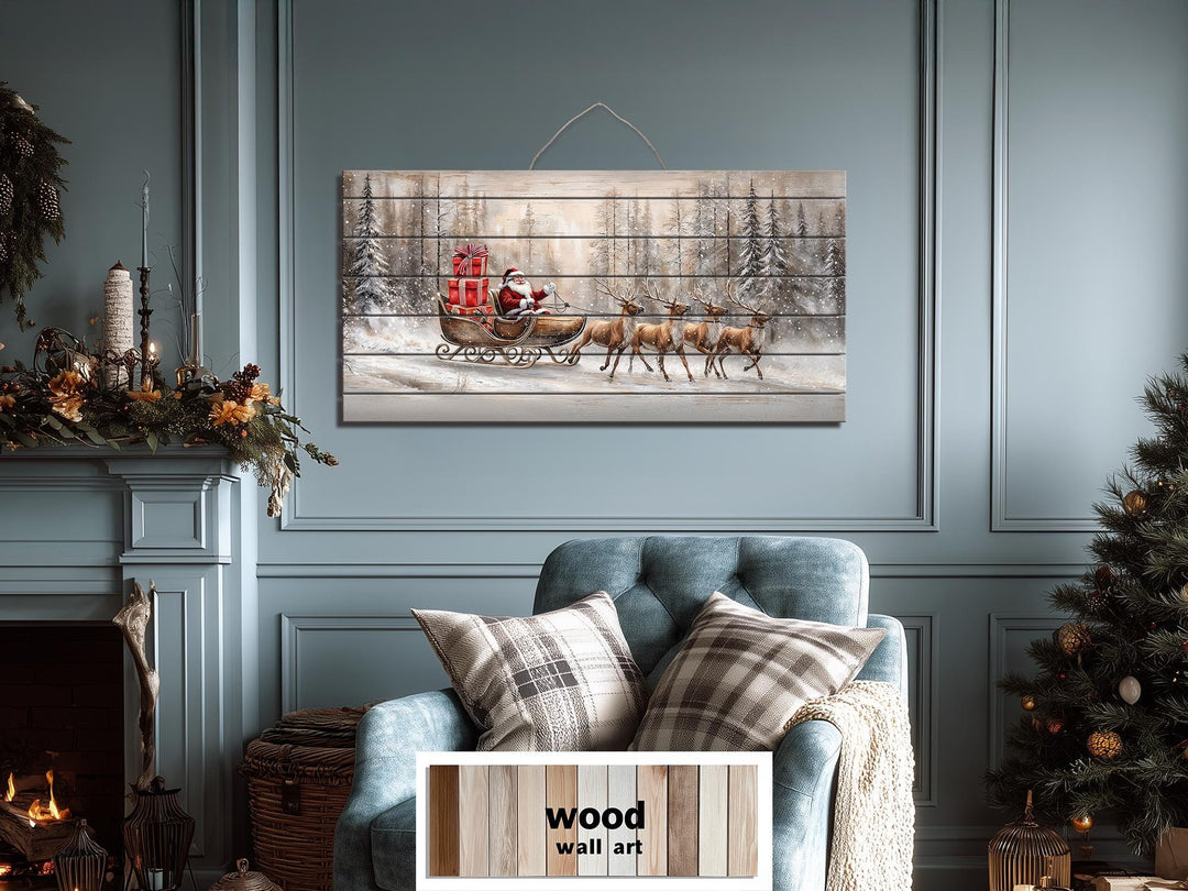 Rustic Santa Sleigh Ride Distressed Wood Wall Art