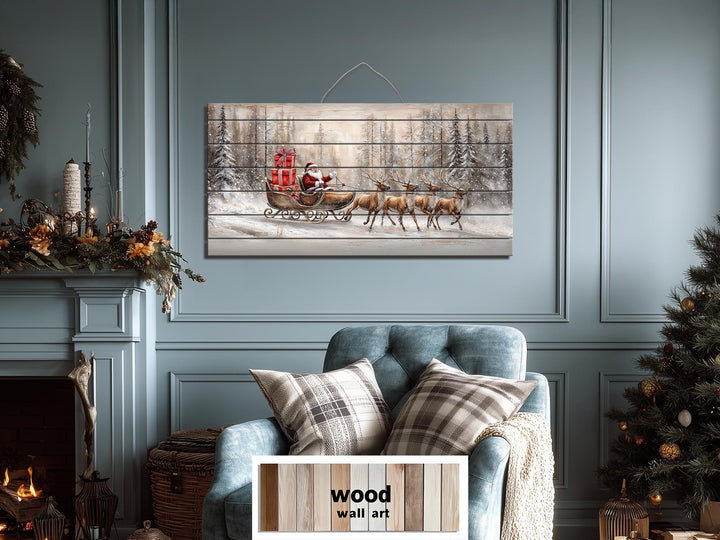 Rustic Santa Sleigh Ride Distressed Wood Wall Art
