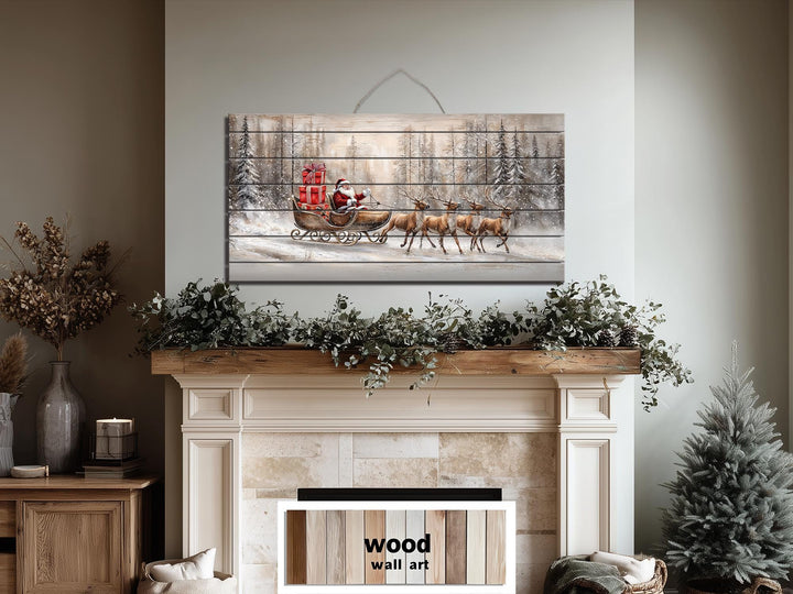 Rustic Santa Sleigh Ride Distressed Wood Wall Art