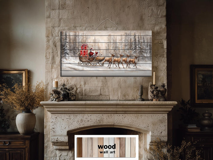 Rustic Santa Sleigh Ride Distressed Wood Wall Art
