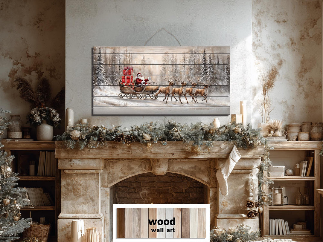 Rustic Santa Sleigh Ride Distressed Wood Wall Art