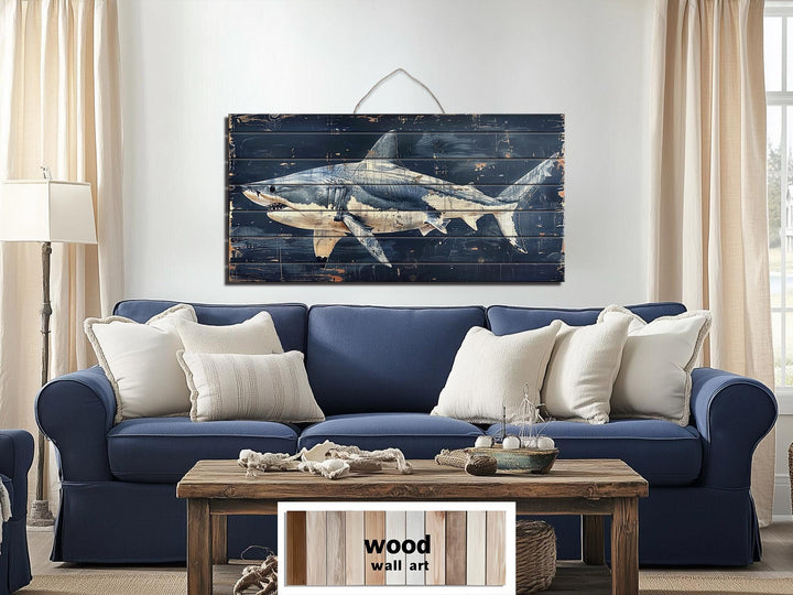 Rustic Shark Ocean Coastal Distressed Wood Wall Art
