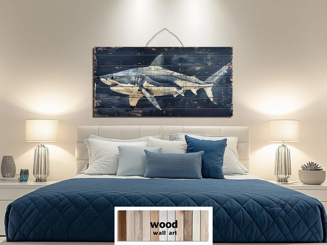 Rustic Shark Ocean Coastal Distressed Wood Wall Art