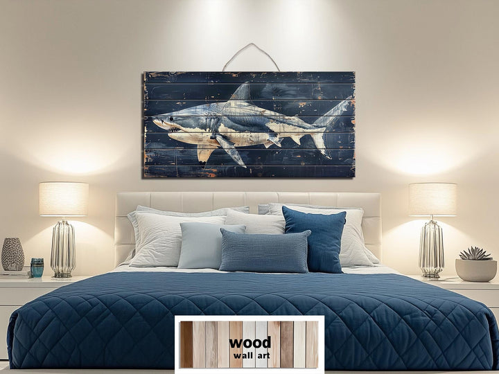 Rustic Shark Ocean Coastal Distressed Wood Wall Art