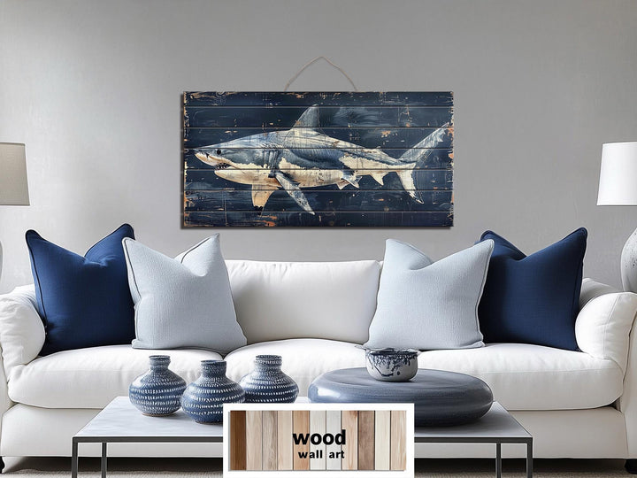 Rustic Shark Ocean Coastal Distressed Wood Wall Art