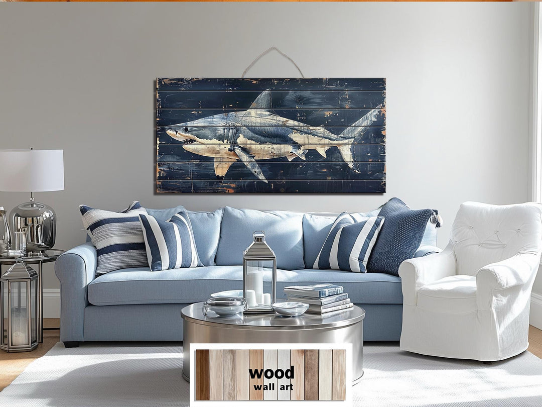 Rustic Shark Ocean Coastal Distressed Wood Wall Art
