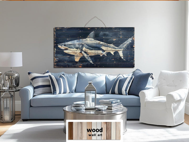 Rustic Shark Ocean Coastal Distressed Wood Wall Art