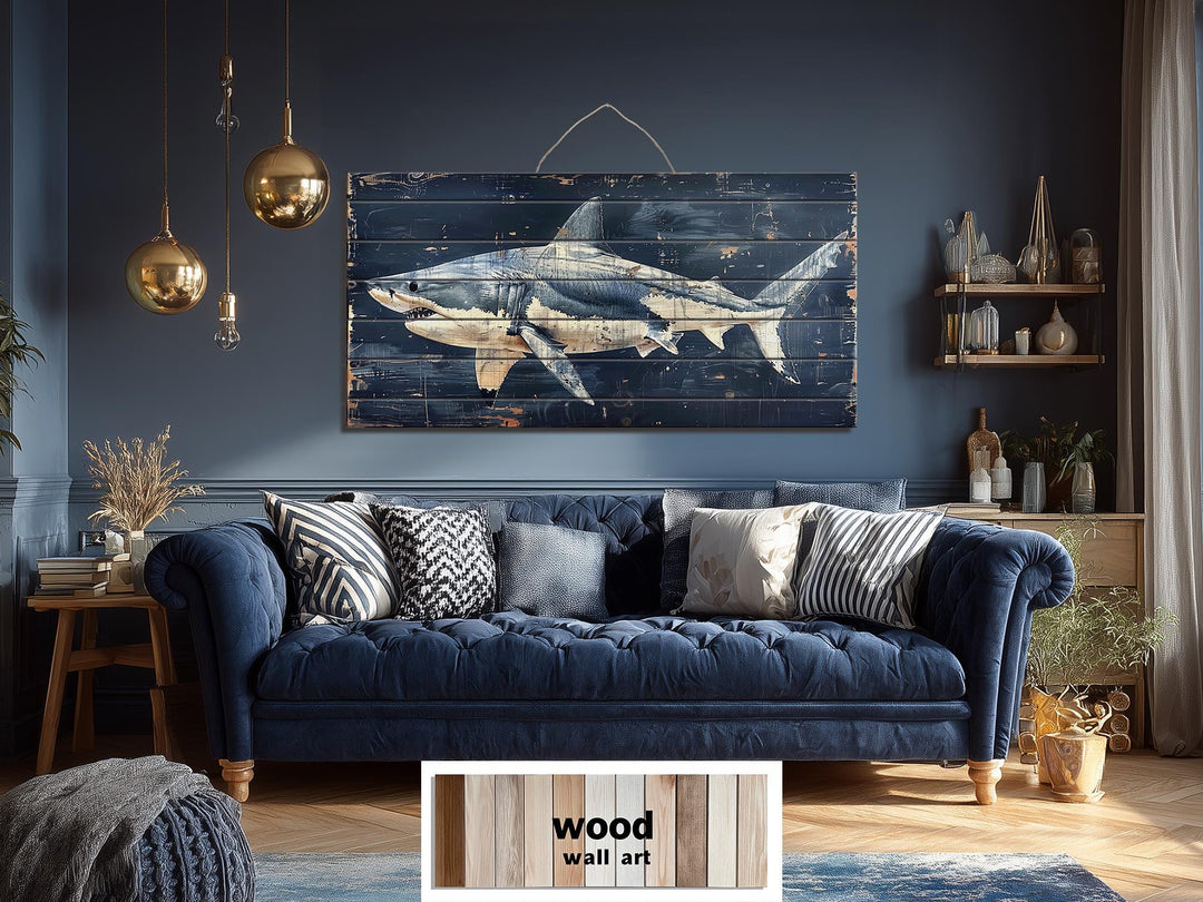 Rustic Shark Ocean Coastal Distressed Wood Wall Art