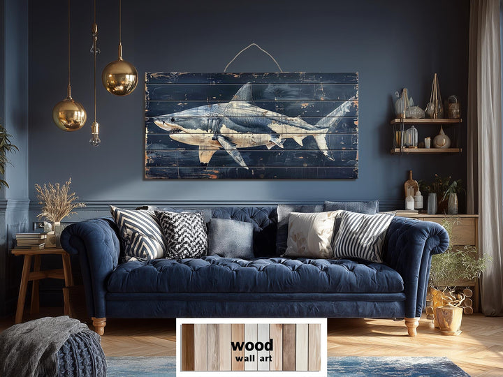 Rustic Shark Ocean Coastal Distressed Wood Wall Art