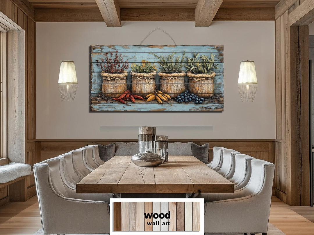Rustic Spices, Herbs and Vegetable Sacks Distressed Wood Wall Art