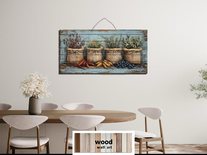 Rustic Spices, Herbs and Vegetable Sacks Distressed Wood Wall Art