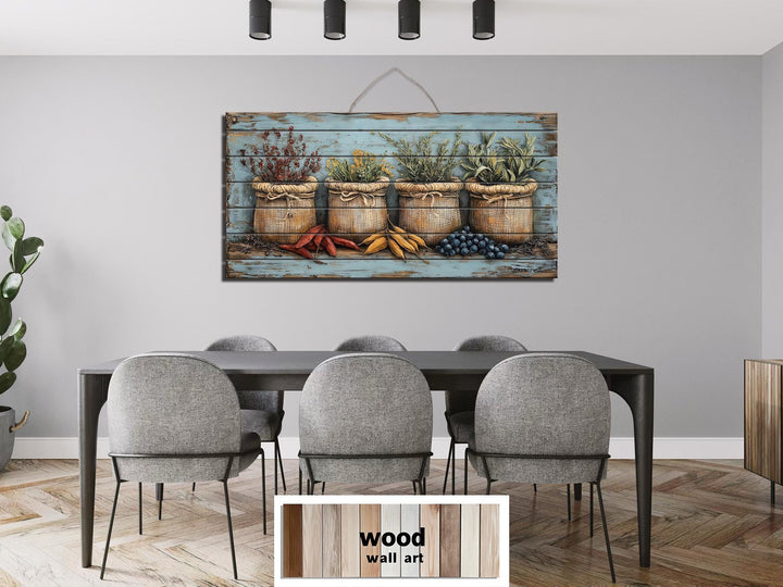 Rustic Spices, Herbs and Vegetable Sacks Distressed Wood Wall Art