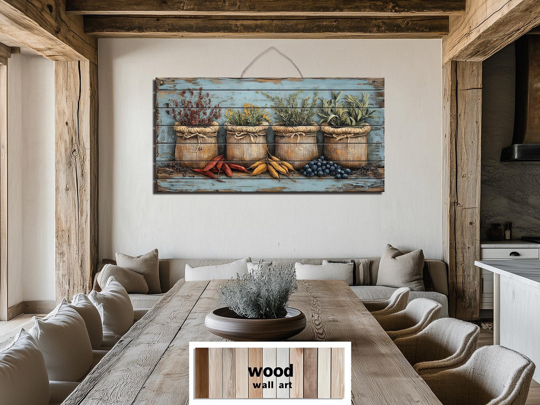 Rustic Spices, Herbs and Vegetable Sacks Distressed Wood Wall Art