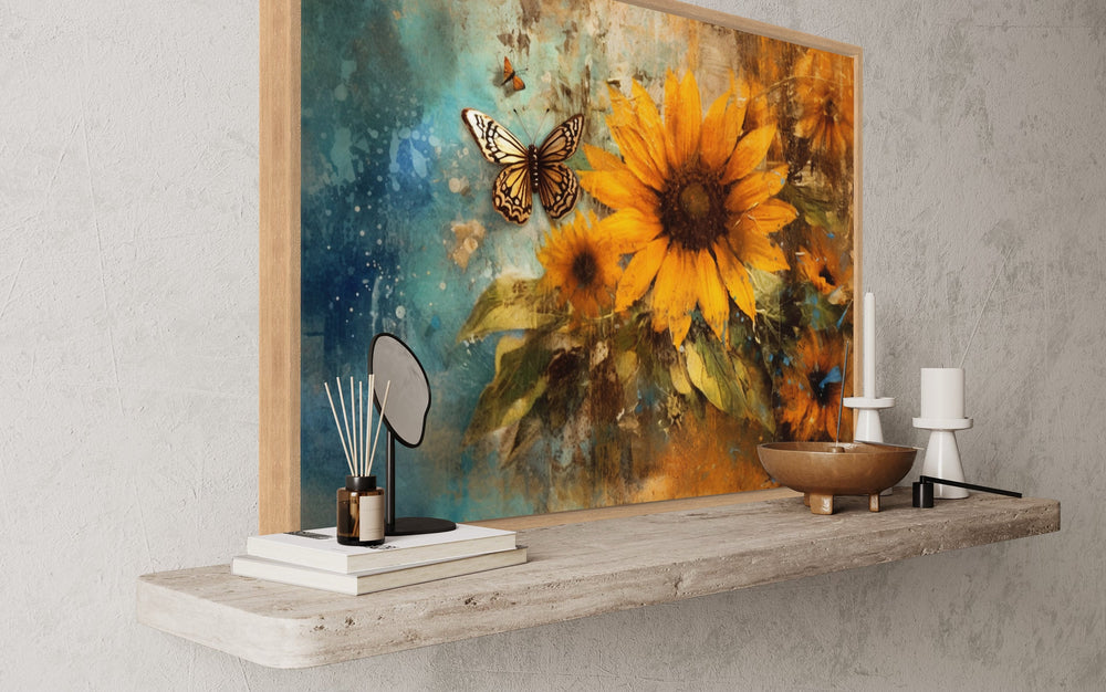 Rustic Sunflower And Butterfly Painting Farmhouse Framed Canvas Wall Art