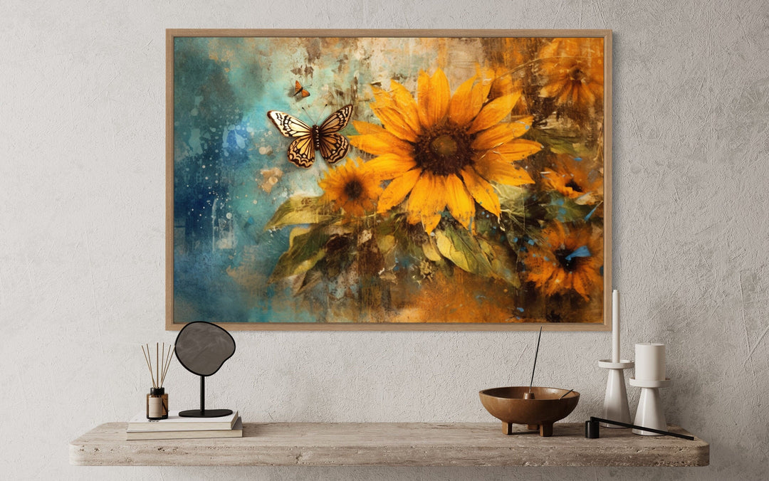 Rustic Sunflower And Butterfly Painting Farmhouse Framed Canvas Wall Art