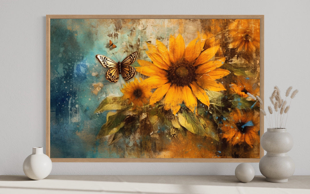 Rustic Sunflower And Butterfly Painting Farmhouse Framed Canvas Wall Art