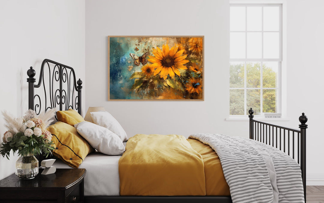 Rustic Sunflower And Butterfly Painting Farmhouse Framed Canvas Wall Art