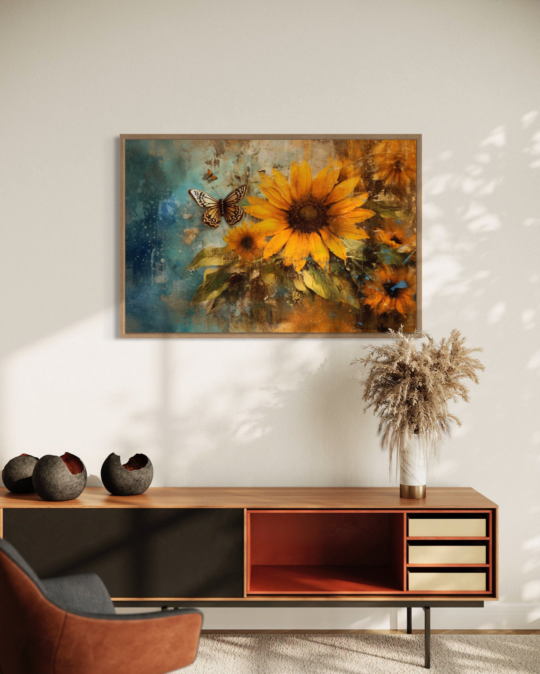 Rustic Sunflower And Butterfly Painting Farmhouse Framed Canvas Wall Art