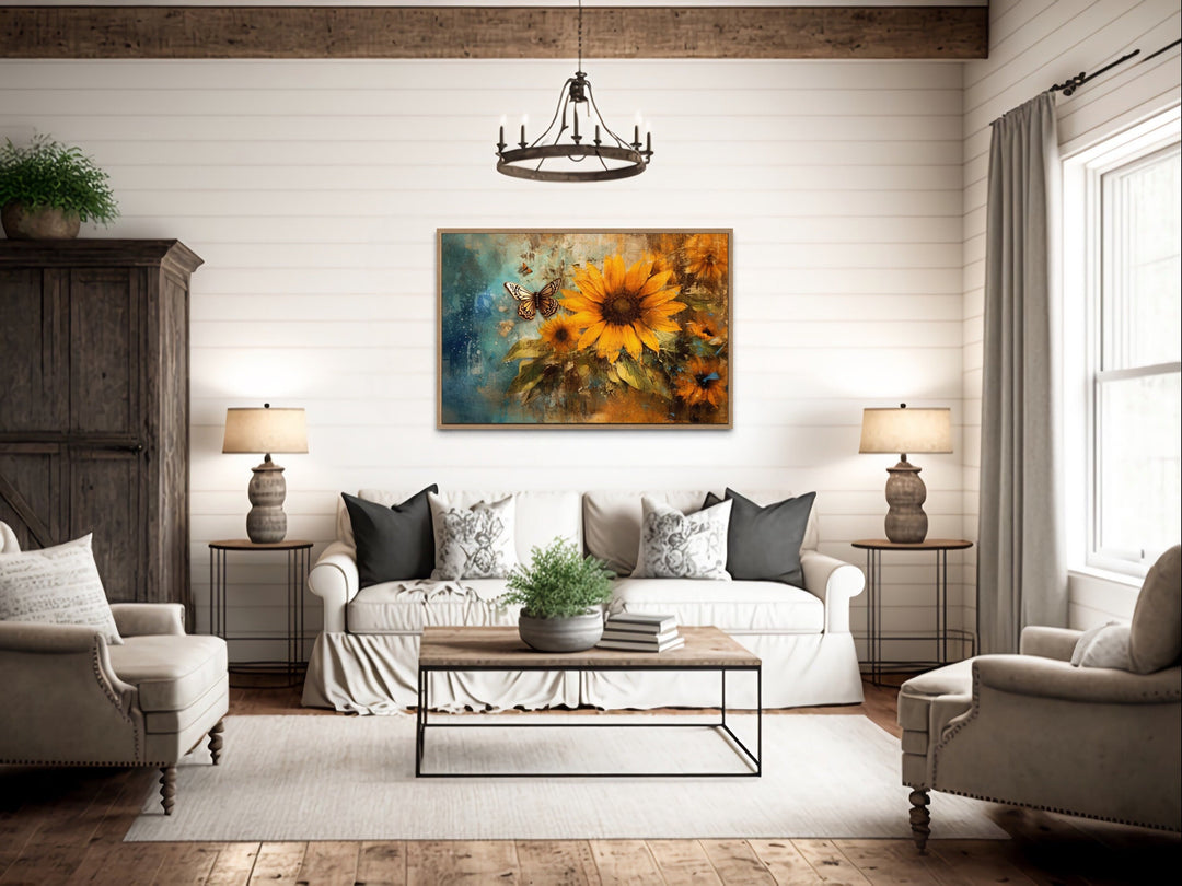 Rustic Sunflower And Butterfly Painting Farmhouse Framed Canvas Wall Art