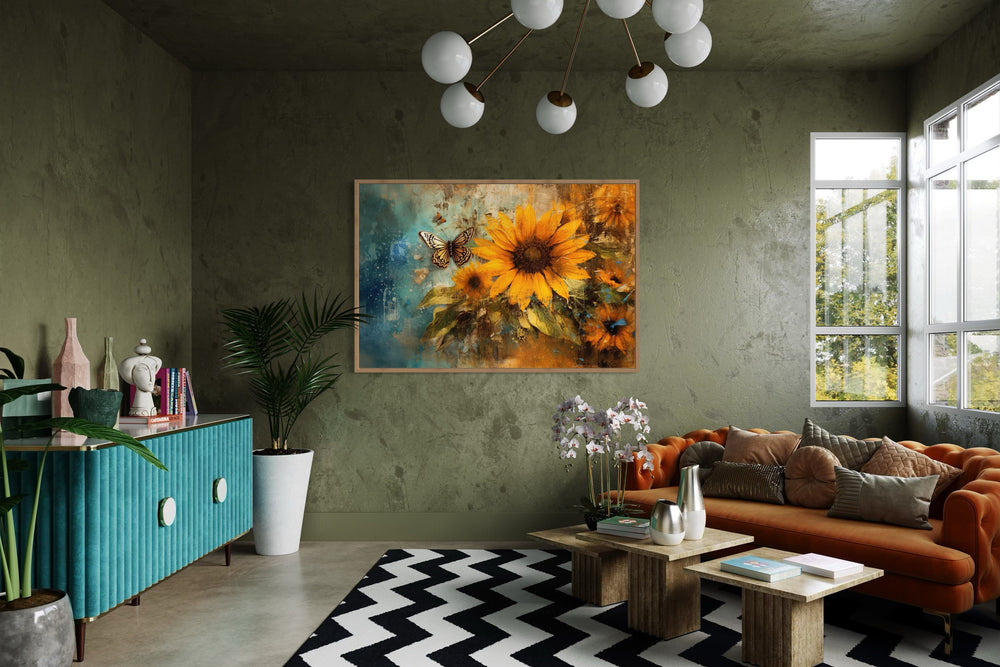 Rustic sunflower and butterfly framed canvas wall art in a modern living room with green walls.