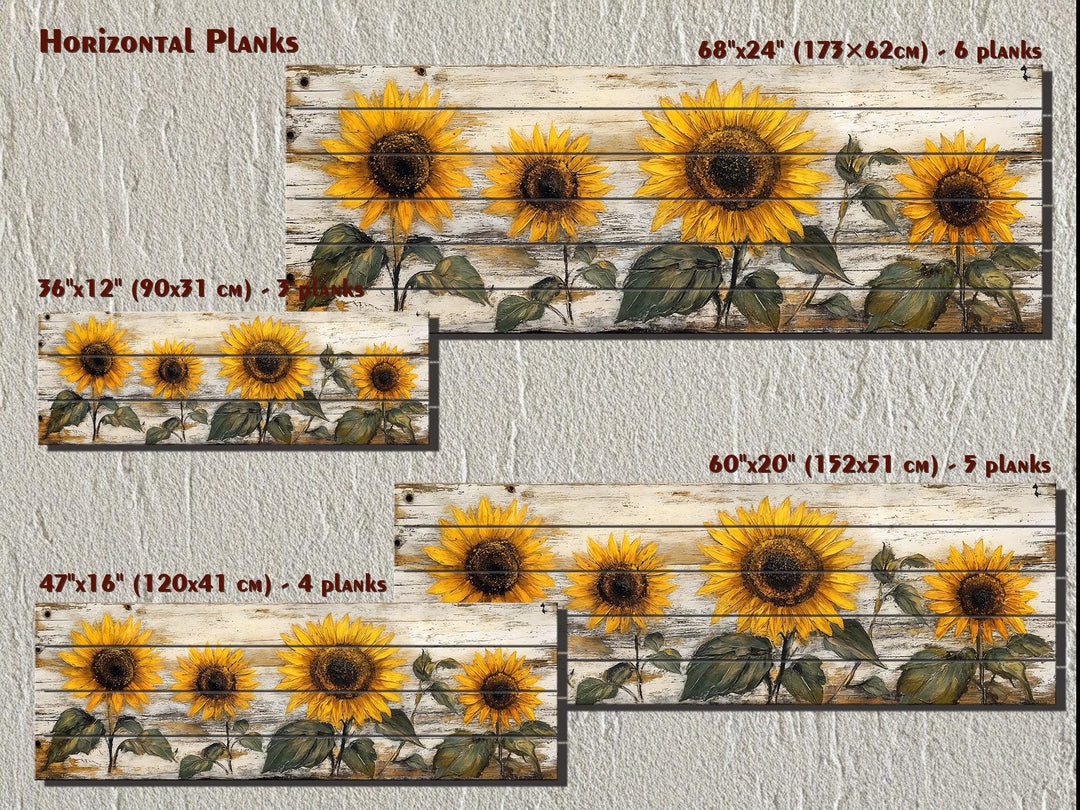 Rustic sunflower wall art printed on horizontal whitewashed wood planks in four size options.