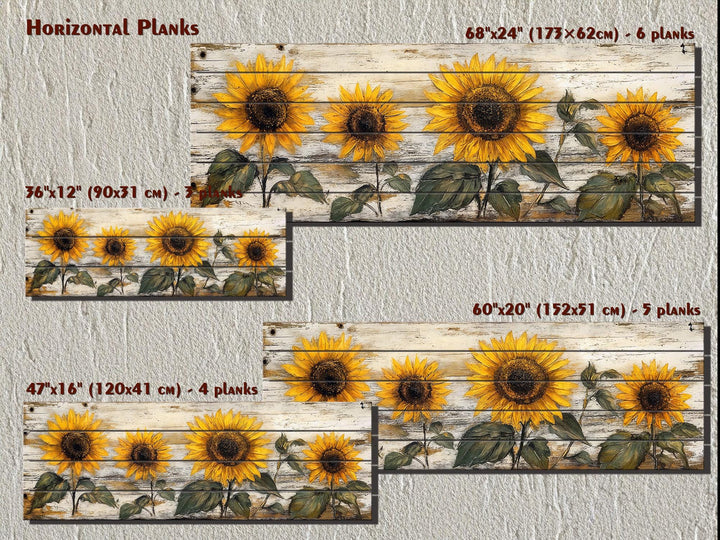 Rustic sunflower wall art printed on horizontal whitewashed wood planks in four size options.