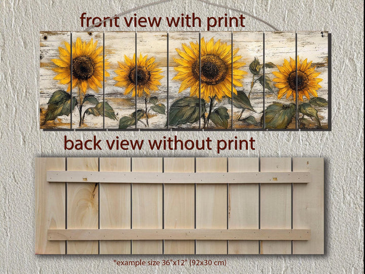Rustic sunflower wall art printed on a long, narrow whitewashed wood panel with a distressed finish.