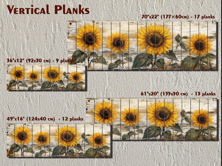 Rustic sunflower wall art on whitewashed vertical wood planks in four different sizes.