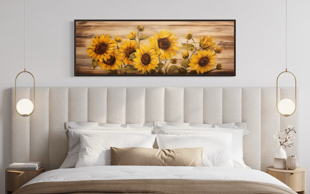 Rustic Sunflowers Painting on Wood Long Horizontal Framed Canvas Wall Art