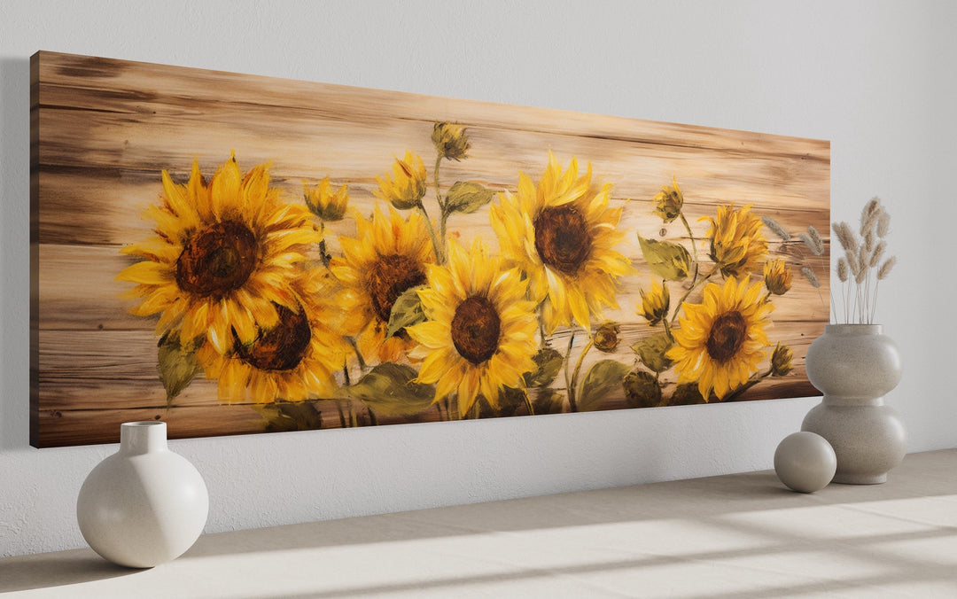 Rustic Sunflowers Painting on Wood Long Horizontal Framed Canvas Wall Art