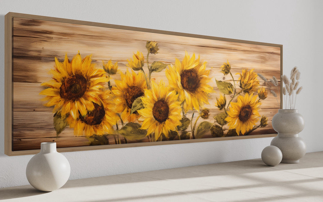 Rustic Sunflowers Painting on Wood Long Horizontal Framed Canvas Wall Art