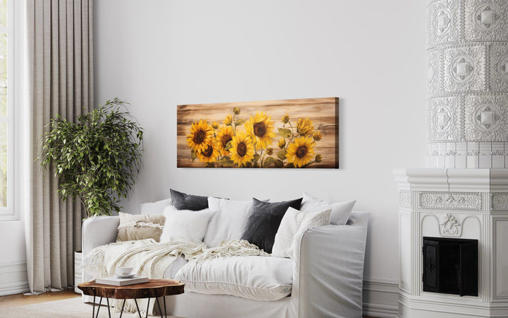 Rustic Sunflowers Painting on Wood Long Horizontal Framed Canvas Wall Art