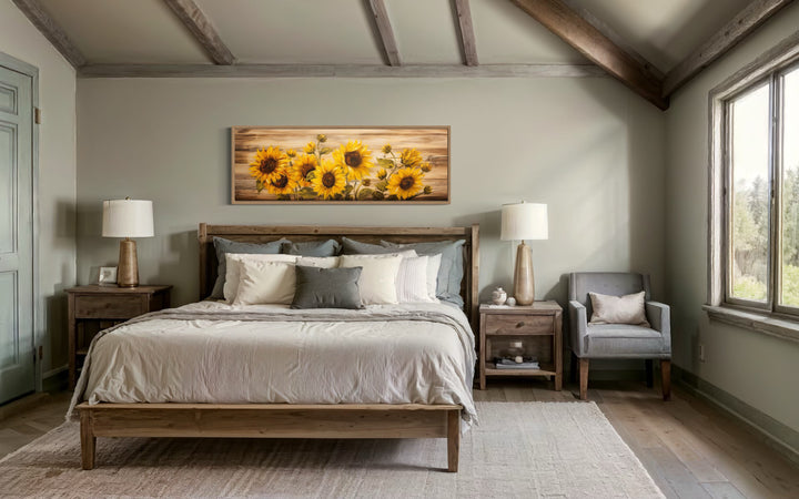 Rustic Sunflowers Painting on Wood Long Horizontal Framed Canvas Wall Art