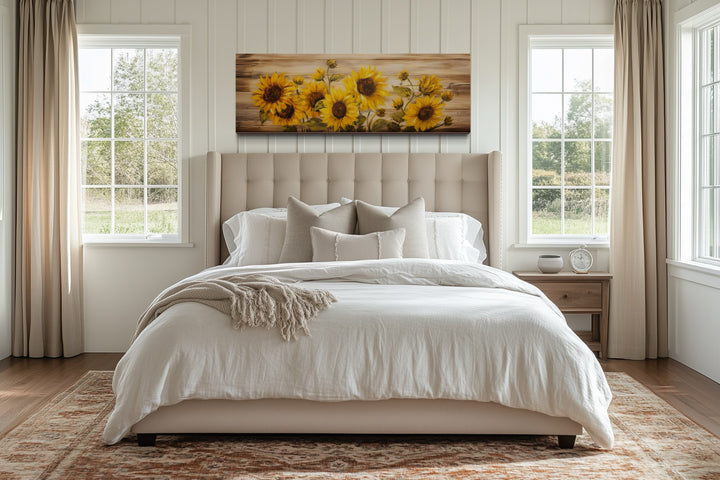 Rustic Sunflowers Painting on Wood Long Horizontal Framed Canvas Wall Art