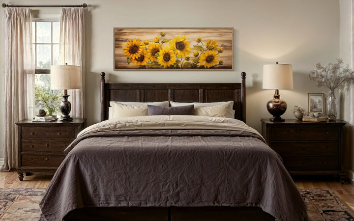 Rustic Sunflowers Painting on Wood Long Horizontal Framed Canvas Wall Art