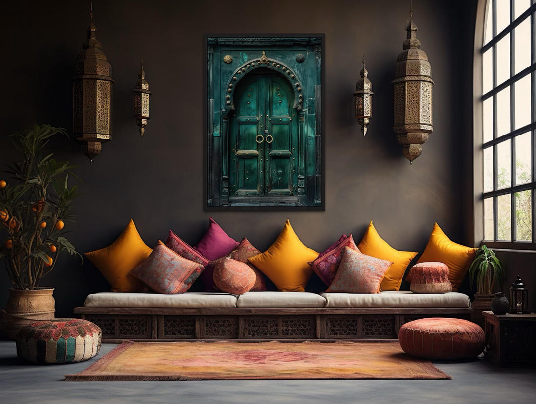 Rustic Teal Turquoise Green Vintage Indian Door Canvas Wall Art