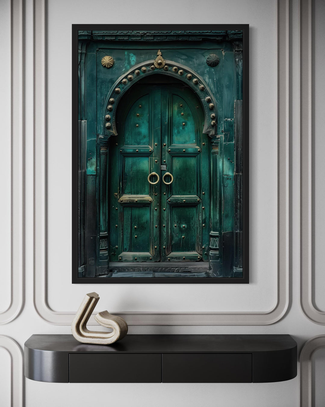 Rustic teal vintage Indian door canvas wall art in a black frame above a modern console table.